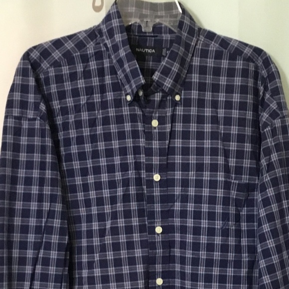 Nautica Long Sleeve Button Up Navy Blue Plaid Dress Shirt Men Size XXL EUC - Picture 1 of 8